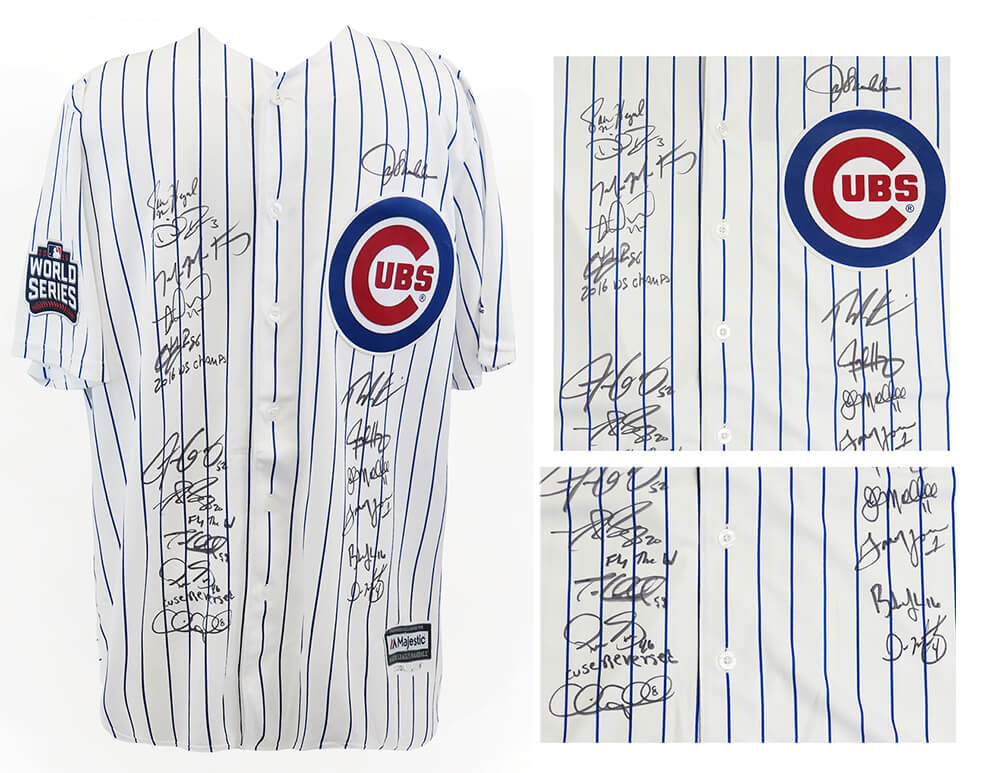 2016 Chicago Cubs Team Signed Chicago Cubs Joe Maddon 2016 WS Patch White Pinstripe Majestic Jersey (17 Sigs) - CUBJRY127 - 2016 Chicago Cubs Team Signed Chicago Cubs Joe Maddon 2016 WS Patch White Pinstripe Majestic Jersey (17 Sigs) product image
