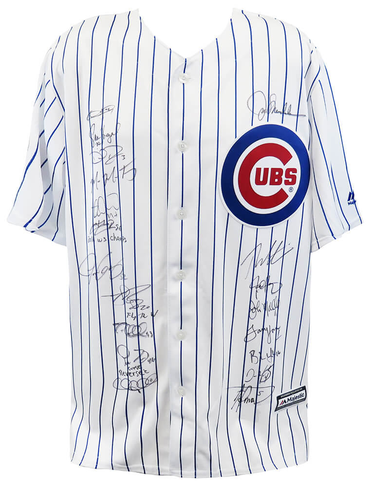2016 Chicago Cubs Team Signed Chicago Cubs Joe Maddon 2016 WS Patch White Pinstripe Majestic Jersey (19 Sigs) - CUBJRY128 - 2016 Chicago Cubs Team Signed Chicago Cubs Joe Maddon 2016 WS Patch White Pinstripe Majestic Jersey (19 Sigs) product image