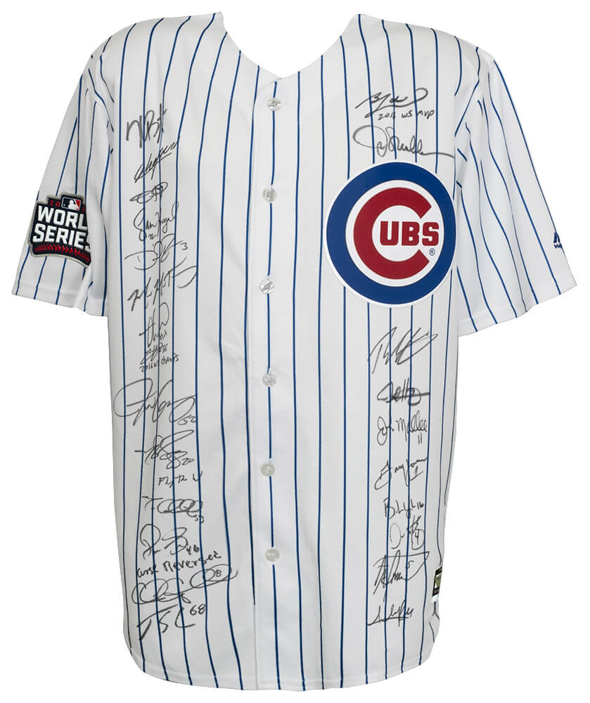 2016 Chicago Cubs Team Signed Cubs Joe Maddon 2016 WS Patch White Pinstripe Majestic Jersey w/WS MVP (24 Sigs) - CUBJRY131 - 2016 Chicago Cubs Team Signed Cubs Joe Maddon 2016 WS Patch White Pinstripe Majestic Jersey w/WS MVP (24 Sigs) product image