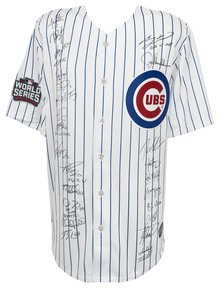 2016 Chicago Cubs Team Signed Cubs Joe Maddon 2016 WS Patch White Pinstripe Majestic Jersey w/WS MVP (26 Sigs) - CUBJRY132 - 2016 Chicago Cubs Team Signed Cubs Joe Maddon 2016 WS Patch White Pinstripe Majestic Jersey w/WS MVP (26 Sigs) product image