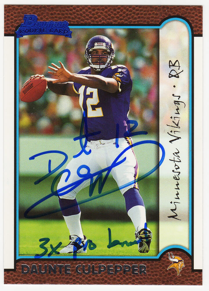 Daunte Culpepper Signed Minnesota Vikings 1999 Bowman Rookie Football Trading Card #166 w/3x Pro Bowl - CULCAR311 - Daunte Culpepper Signed Minnesota Vikings 1999 Bowman Rookie Football Trading Card #166 w/3x Pro Bowl product image