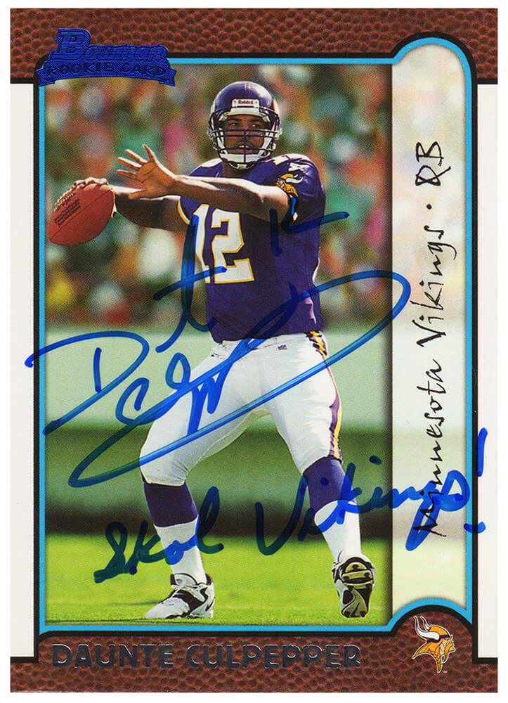 Daunte Culpepper Signed Minnesota Vikings 1999 Bowman Rookie Football Trading Card #166 w/Skol Vikings - CULCAR312 - Daunte Culpepper Signed Minnesota Vikings 1999 Bowman Rookie Football Trading Card #166 w/Skol Vikings product image