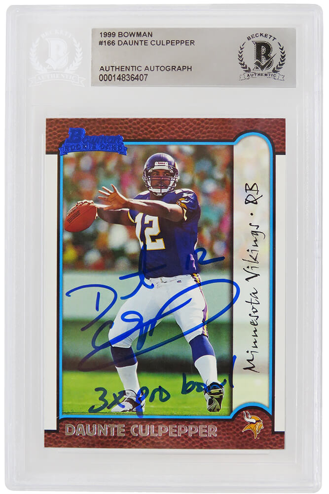 Daunte Culpepper Signed Vikings 1999 Bowman Rookie Football Card #166 w/3x Pro Bowl (Beckett Encapsulated) - CULCAR317 - Daunte Culpepper Signed Vikings 1999 Bowman Rookie Football Card #166 w/3x Pro Bowl (Beckett Encapsulated) product image