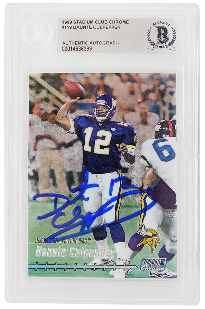 Daunte Culpepper Signed Minnesota Vikings 1999 Stadium Club Chrome Rookie Football Card #119 (Beckett Encapsulated) - CULCAR320 - Daunte Culpepper Signed Minnesota Vikings 1999 Stadium Club Chrome Rookie Football Card #119 (Beckett Encapsulated) product image