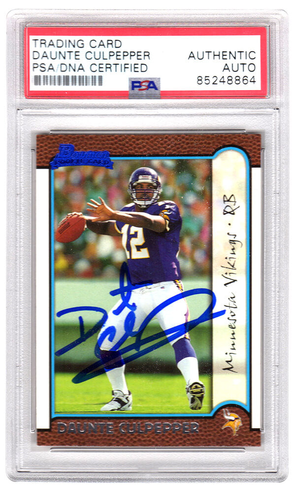 Daunte Culpepper Signed Vikings 1999 Bowman Rookie Football Trading Card #166 - (PSA Encapsulated) - CULCAR323 - Daunte Culpepper Signed Vikings 1999 Bowman Rookie Football Trading Card #166 - (PSA Encapsulated) product image