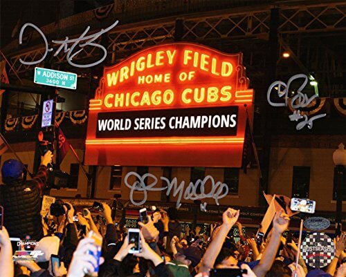 Chris Bosio, John Mallee & Dave Martine Triple Signed Chicago Cubs 2016 World Series Wrigley Field Marque 8x10 Photo - BOS08P111 - Chris Bosio, John Mallee & Dave Martine Triple Signed Chicago Cubs 2016 World Series Wrigley Field Marque 8x10 Photo product image