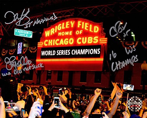 Chris Bosio, John Mallee & Dave Martine Triple Signed Chicago Cubs 2016 World Series Wrigley Field Marque 8x10 Photo w/3 Inscriptions - BOS08P110 - Chris Bosio, John Mallee & Dave Martine Triple Signed Chicago Cubs 2016 World Series Wrigley Field Marque 8x10 Photo w/3 Inscriptions product image