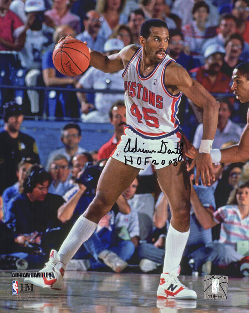 Adrian Dantley Signed Detroit Pistons White Jersey Dribbling Action 8x10 Photo w/HOF 2008 - DAN08P212 - Adrian Dantley Signed Detroit Pistons White Jersey Dribbling Action 8x10 Photo w/HOF 2008 product image