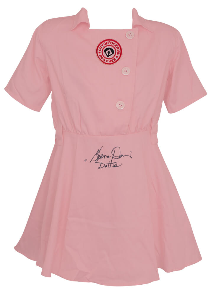Geena Davis Signed Rockford Peaches Pink Costume Women's Baseball Jersey w/Dottie - DAVJRY500 - Geena Davis Signed Rockford Peaches Pink Costume Women's Baseball Jersey w/Dottie product image