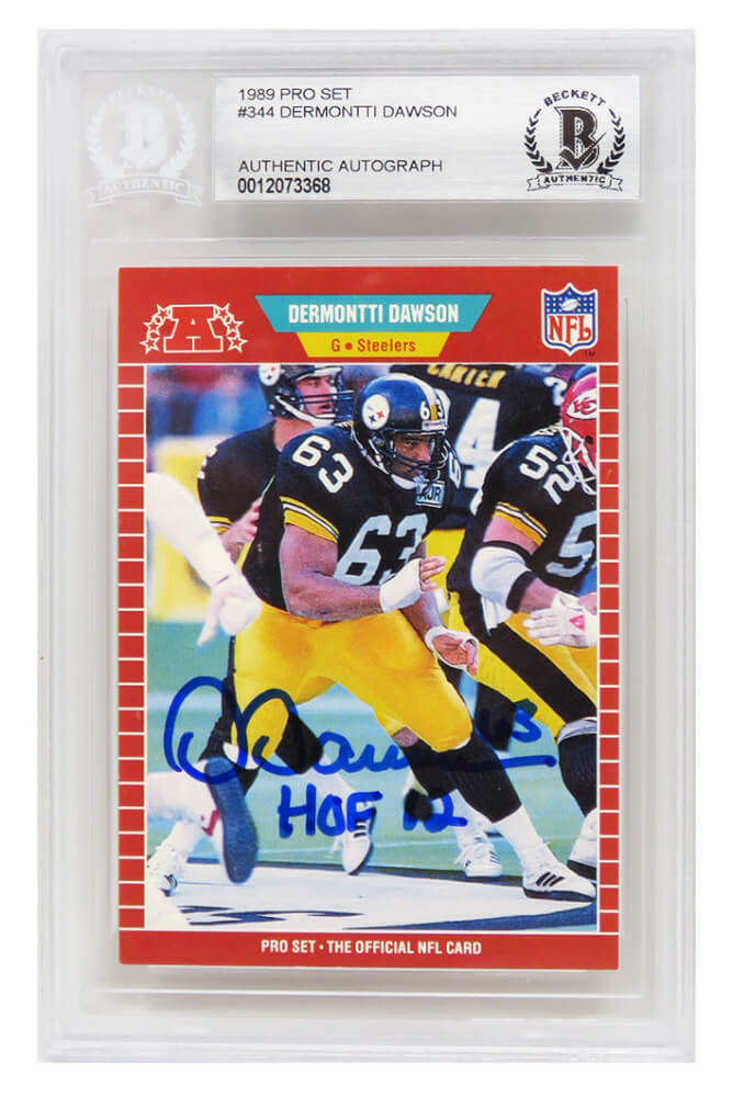 Dermontti Dawson Signed Pittsburgh Steelers 1989 Pro Set Football Rookie Card #344 w/HOF'12 (Beckett Encapsulated) - DAWCAR300 - Dermontti Dawson Signed Pittsburgh Steelers 1989 Pro Set Football Rookie Card #344 w/HOF'12 (Beckett Encapsulated) product image