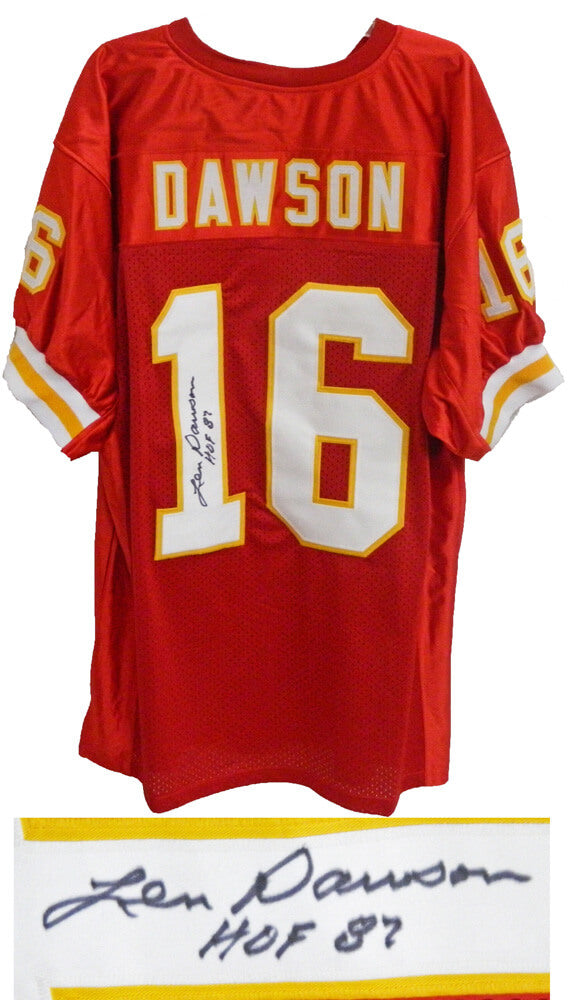 Len Dawson Signed Custom Red & Gold Jersey w/HOF'87 - DAWJRY300 - Len Dawson Signed Custom Red & Gold Jersey w/HOF'87 product image