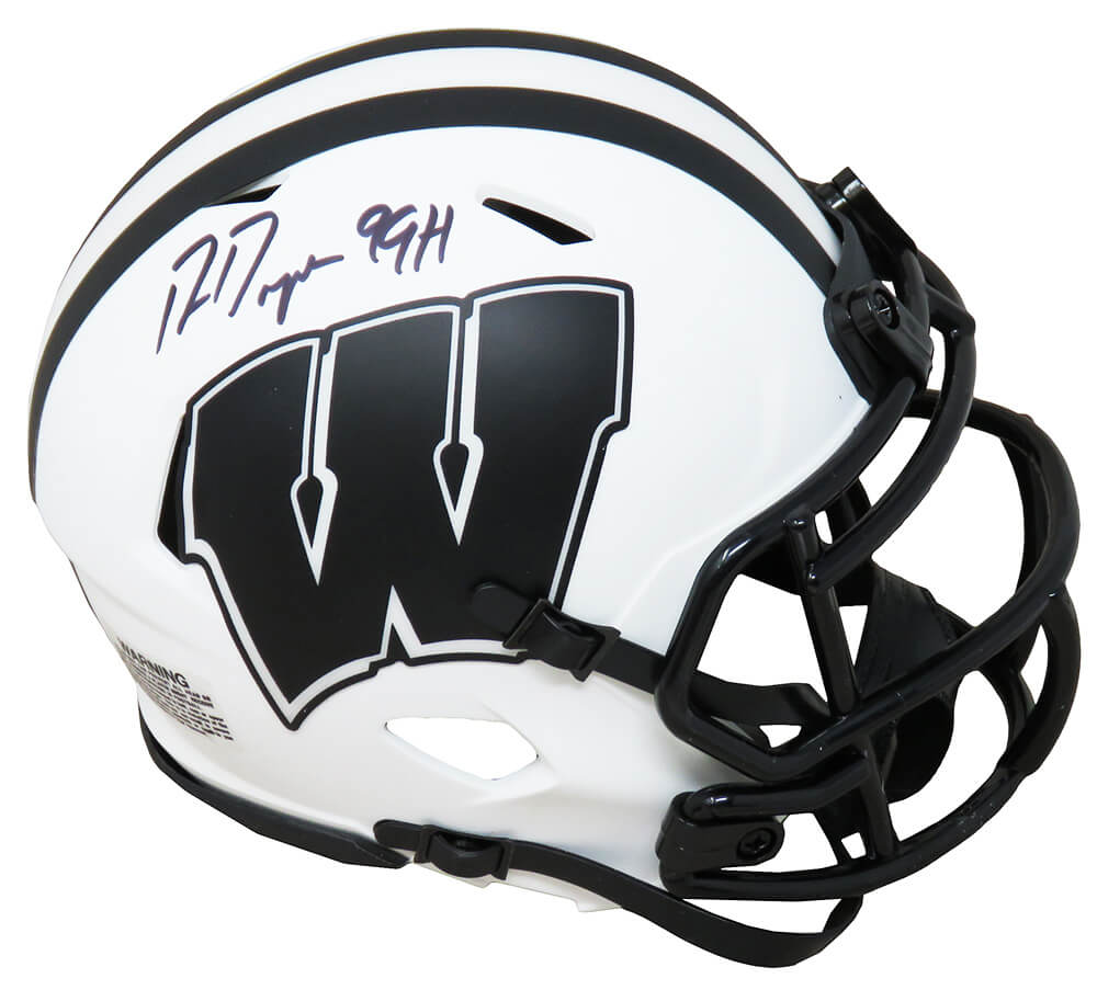 Ron Dayne Signed Wisconsin Badgers Lunar Eclipse White Matte Riddell Speed Mini Helmet w/99H - DAYMIN307 - Ron Dayne Signed Wisconsin Badgers Lunar Eclipse White Matte Riddell Speed Mini Helmet w/99H product image