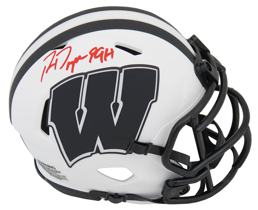 Ron Dayne Signed Wisconsin Badgers Lunar Eclipse White Matte Riddell Speed Mini Helmet w/99H - (In Red) - DAYMIN309 - Ron Dayne Signed Wisconsin Badgers Lunar Eclipse White Matte Riddell Speed Mini Helmet w/99H - (In Red) product image