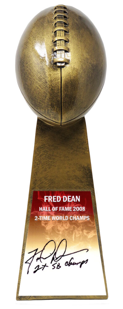 Fred Dean Signed Football World Champion 15 Inch Replica Gold Trophy w/2x SB Champs - DEATRO301 - Fred Dean Signed Football World Champion 15 Inch Replica Gold Trophy w/2x SB Champs product image