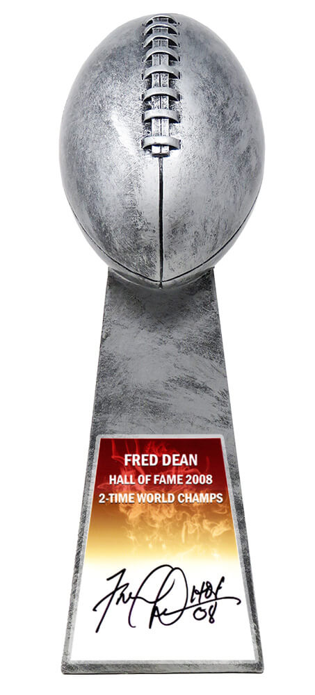 Fred Dean Signed Football World Champion 15 Inch Replica Silver Trophy w/HOF'08 - DEATRO302 - Fred Dean Signed Football World Champion 15 Inch Replica Silver Trophy w/HOF'08 product image