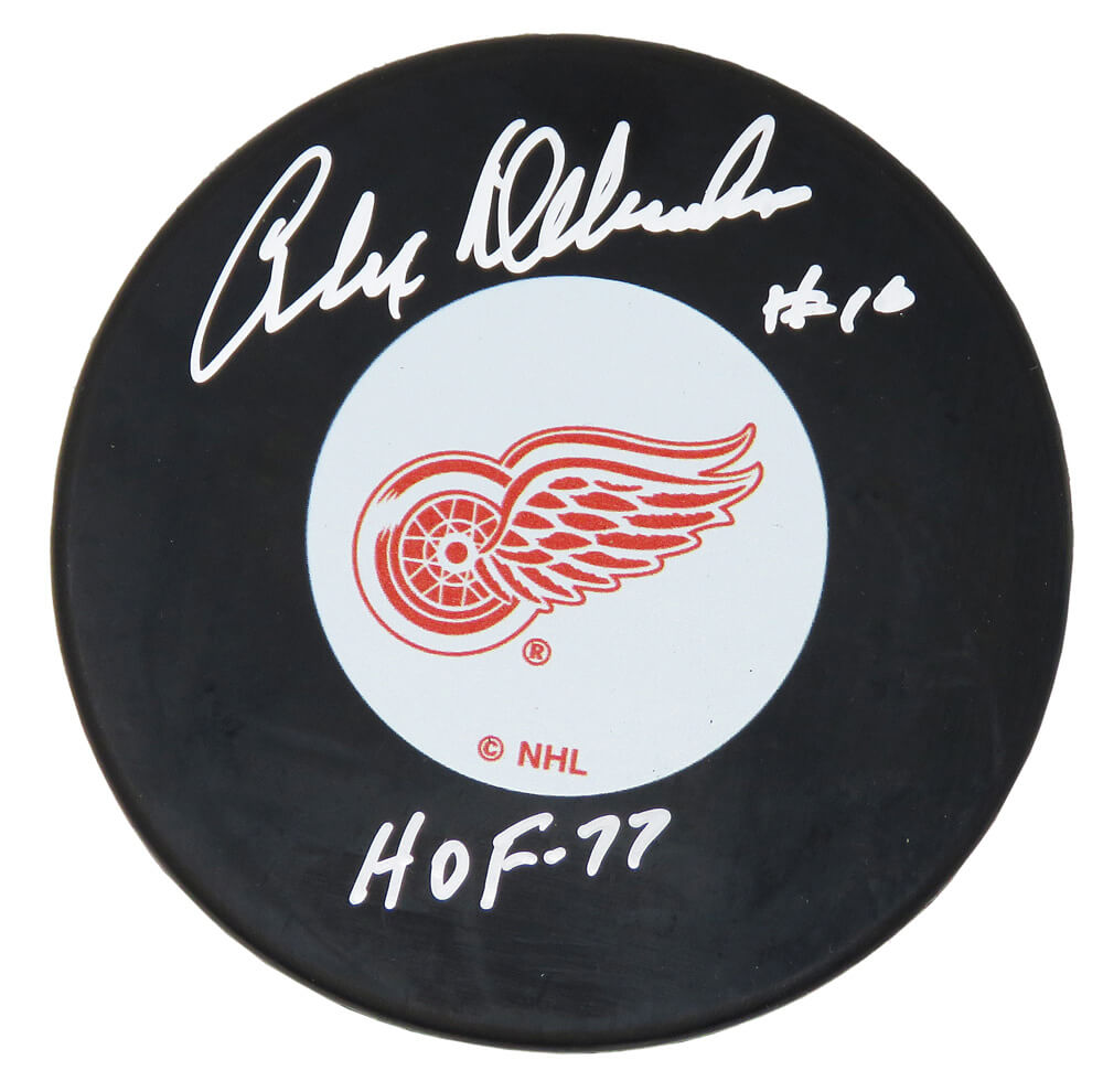 Alex Delvecchio Signed Detroit Red Wings Logo Hockey Puck w/HOF'77 - DELPUC400 - Alex Delvecchio Signed Detroit Red Wings Logo Hockey Puck w/HOF'77 product image