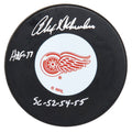 Alex Delvecchio Signed Detroit Red Wings Logo Hockey Puck w/HOF'77, SC 52-54-55 - DELPUC401 - Alex Delvecchio Signed Detroit Red Wings Logo Hockey Puck w/HOF'77, SC 52-54-55 product image