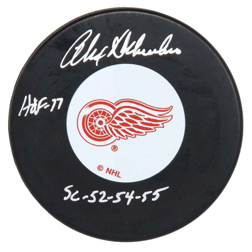 Alex Delvecchio Signed Detroit Red Wings Logo Hockey Puck w/HOF'77, SC 52-54-55 - DELPUC401 - Alex Delvecchio Signed Detroit Red Wings Logo Hockey Puck w/HOF'77, SC 52-54-55 product image