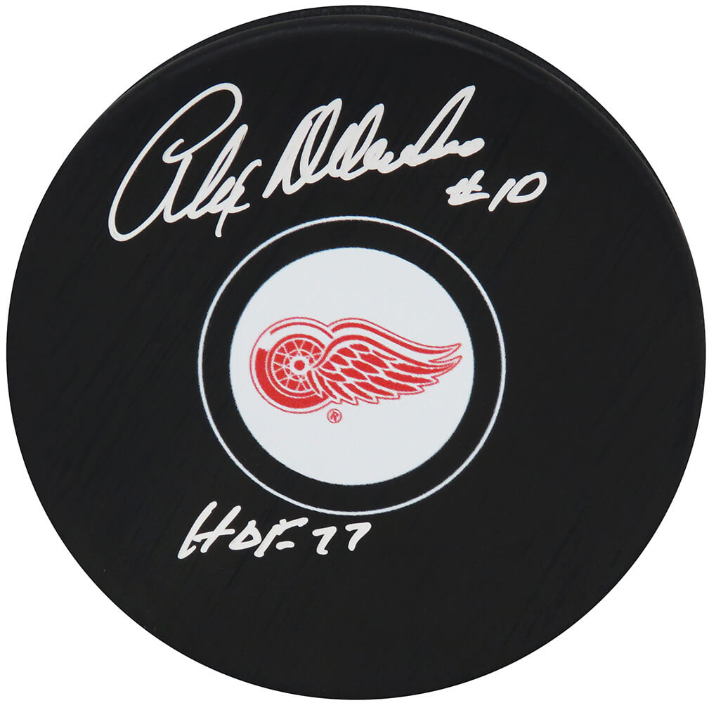 Alex Delvecchio Signed Red Wings Team Logo Hockey Puck w/HOF'77 - DELPUC403 - Alex Delvecchio Signed Red Wings Team Logo Hockey Puck w/HOF'77 product image