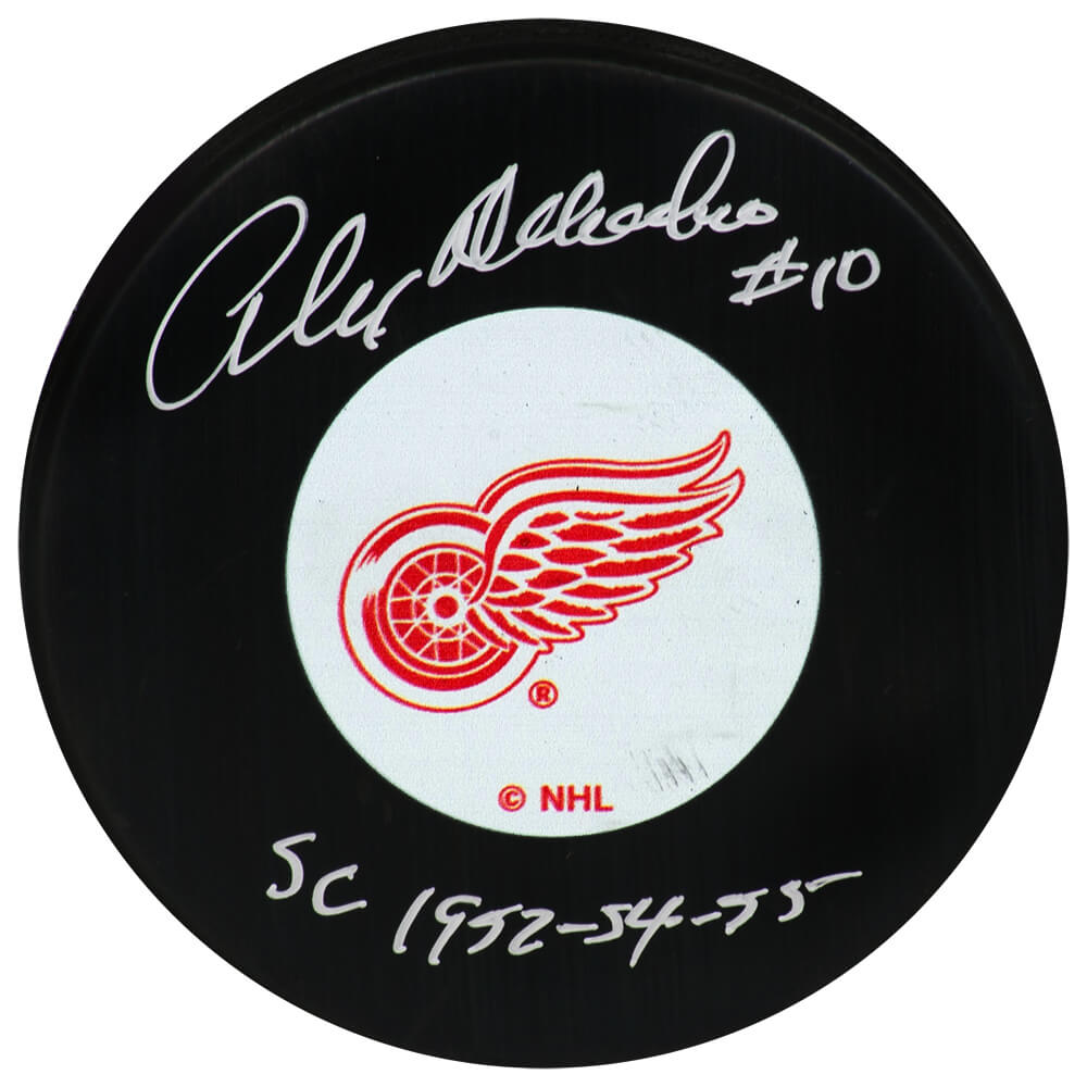 Alex Delvecchio Signed Detroit Red Wings Logo Hockey Puck w/SC 1952-54-55 - DELPUC404 - Alex Delvecchio Signed Detroit Red Wings Logo Hockey Puck w/SC 1952-54-55 product image