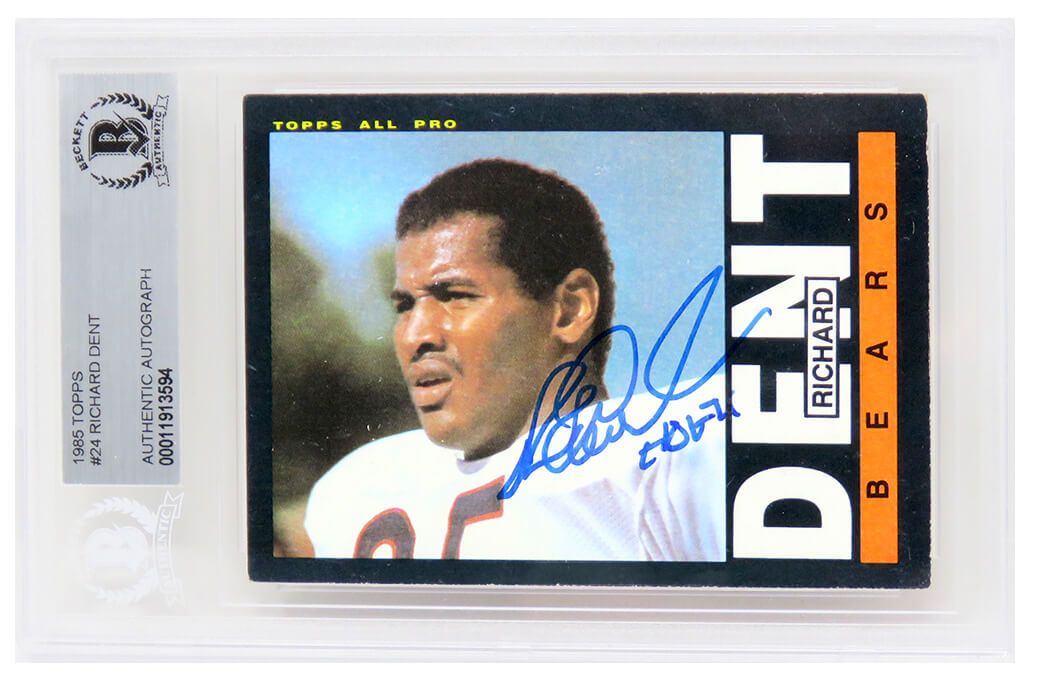 Richard Dent Signed Chicago Bears 1985 Topps Rookie Football Trading Card #24 w/HOF'11 (Beckett Encapsulated) - DENCAR301 - Richard Dent Signed Chicago Bears 1985 Topps Rookie Football Trading Card #24 w/HOF'11 (Beckett Encapsulated) product image