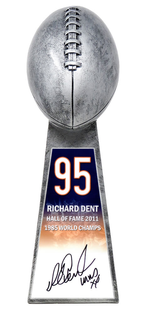 Richard Dent Signed Football World Champion 15 Inch Rep Silver Trophy With #95 Sticker w/MVP XX - DENTRO302 - Richard Dent Signed Football World Champion 15 Inch Rep Silver Trophy With #95 Sticker w/MVP XX product image