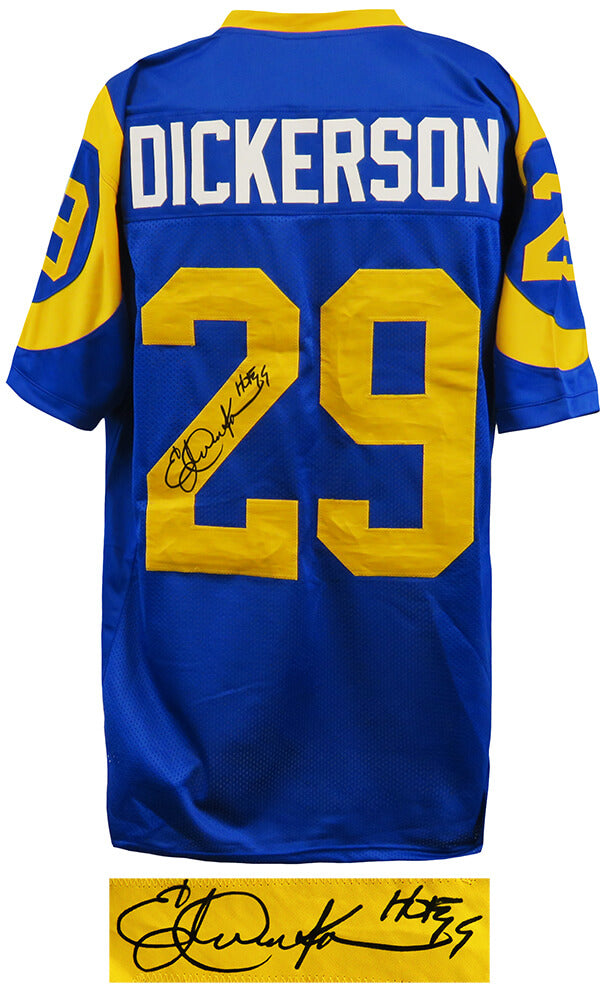Eric Dickerson Signed Blue & Yellow T/B Custom Football Jersey w/HOF'99 - DICJRY305 - Eric Dickerson Signed Blue & Yellow T/B Custom Football Jersey w/HOF'99 product image