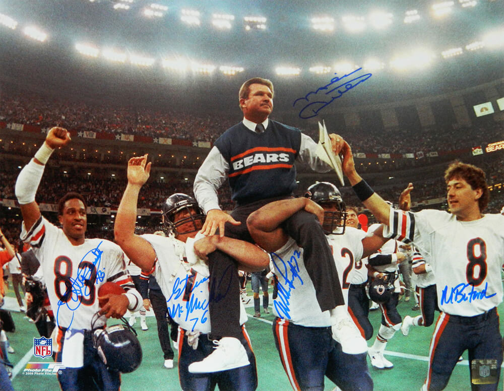Mike Ditka, Willie Gault, William Perry, Steve McMichael & Maury Buford Signed Bears Super Bowl XX Carried Off 16x20 Photo - DIT16P330 - Mike Ditka, Willie Gault, William Perry, Steve McMichael & Maury Buford Signed Bears Super Bowl XX Carried Off 16x20 Photo product image