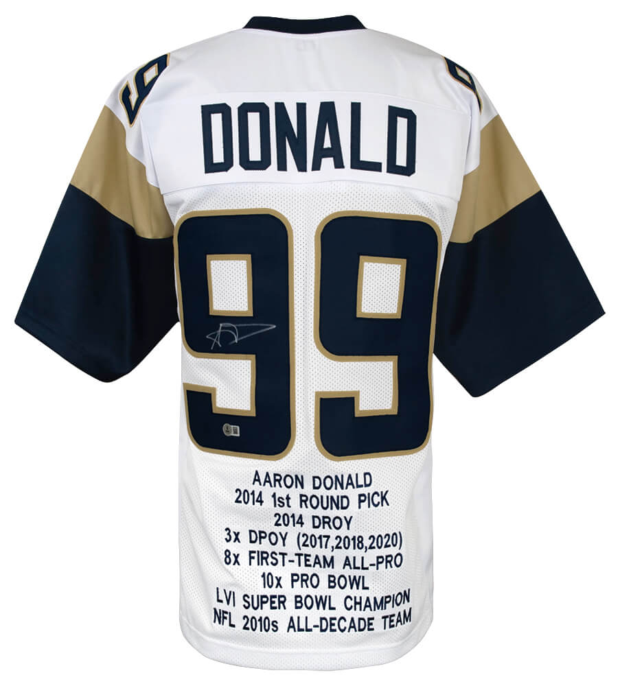 Aaron Donald Signed White Custom Embroidered Stat Football Jersey - (Beckett) - DONJRY302 - Aaron Donald Signed White Custom Embroidered Stat Football Jersey - (Beckett) product image
