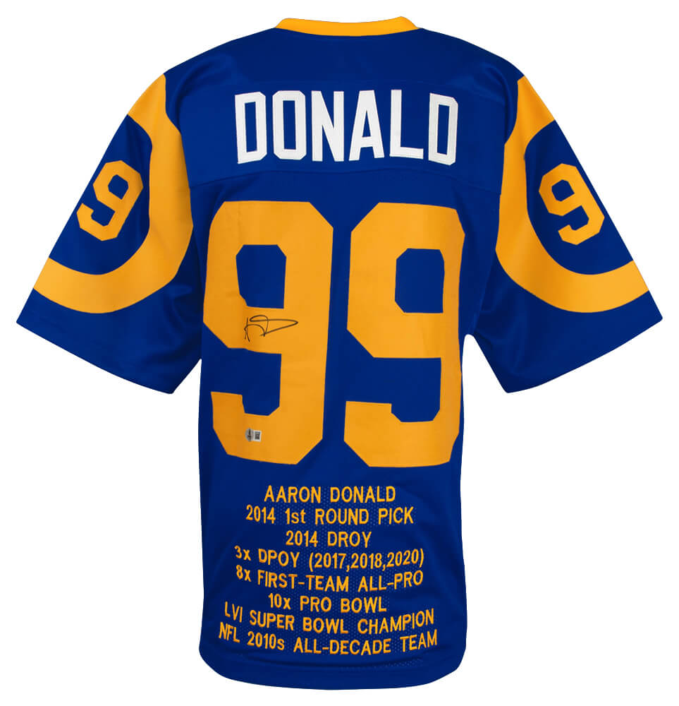 Aaron Donald Signed Blue Throwback Custom Embroidered Stat Football Jersey - (Beckett) - DONJRY303 - Aaron Donald Signed Blue Throwback Custom Embroidered Stat Football Jersey - (Beckett) product image