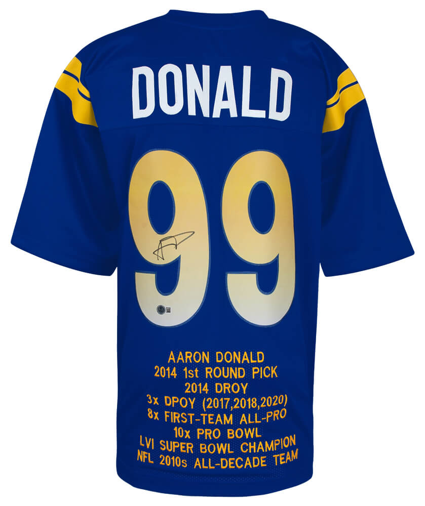 Aaron Donald Signed Blue Custom Embroidered Stat Football Jersey - (Beckett) - DONJRY304 - Aaron Donald Signed Blue Custom Embroidered Stat Football Jersey - (Beckett) product image