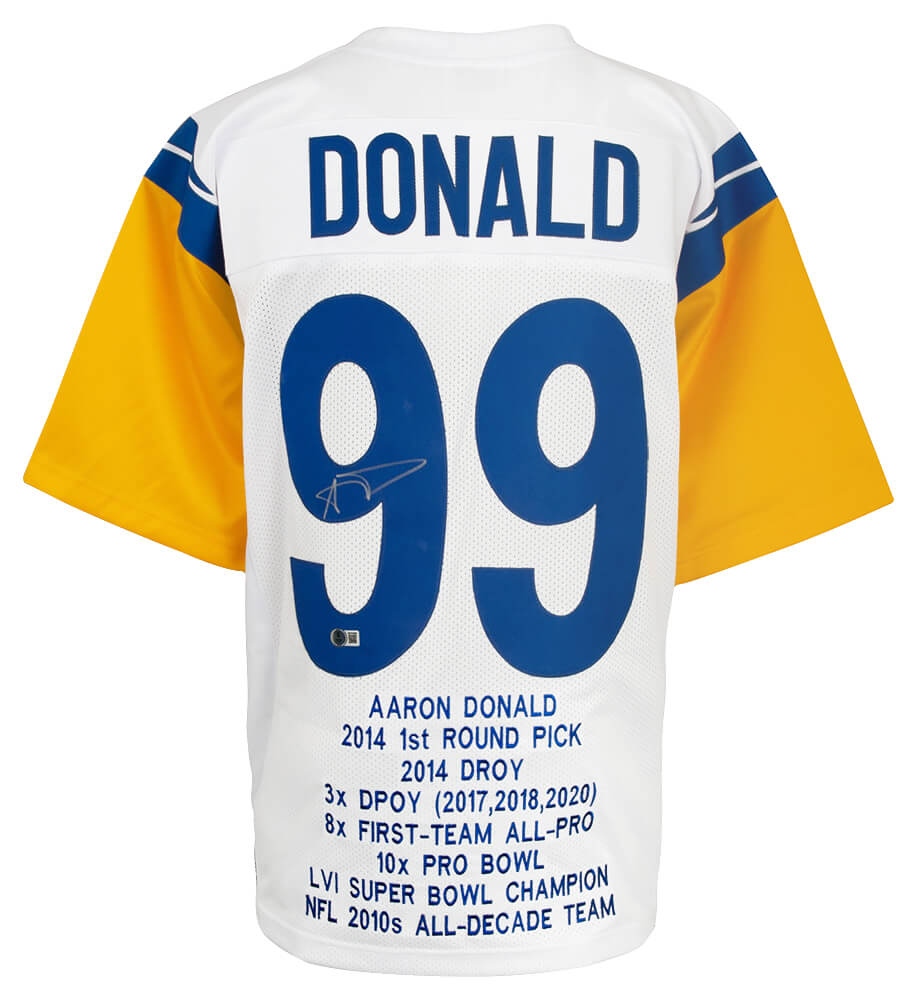 Aaron Donald Signed White Throwback Custom Embroidered Stat Football Jersey - (Beckett) - DONJRY305 - Aaron Donald Signed White Throwback Custom Embroidered Stat Football Jersey - (Beckett) product image