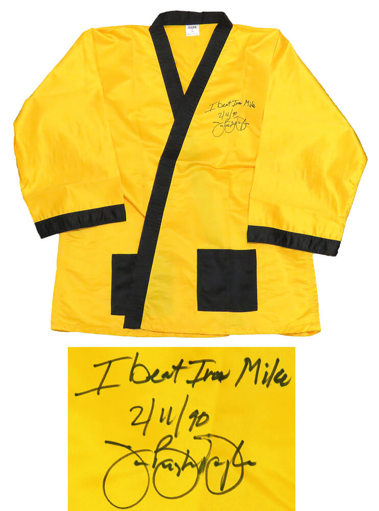 James Buster Douglas Signed Yellow Boxing Robe w/I Beat Iron Mike 2-11-90 - DOUROB500 - James Buster Douglas Signed Yellow Boxing Robe w/I Beat Iron Mike 2-11-90 product image