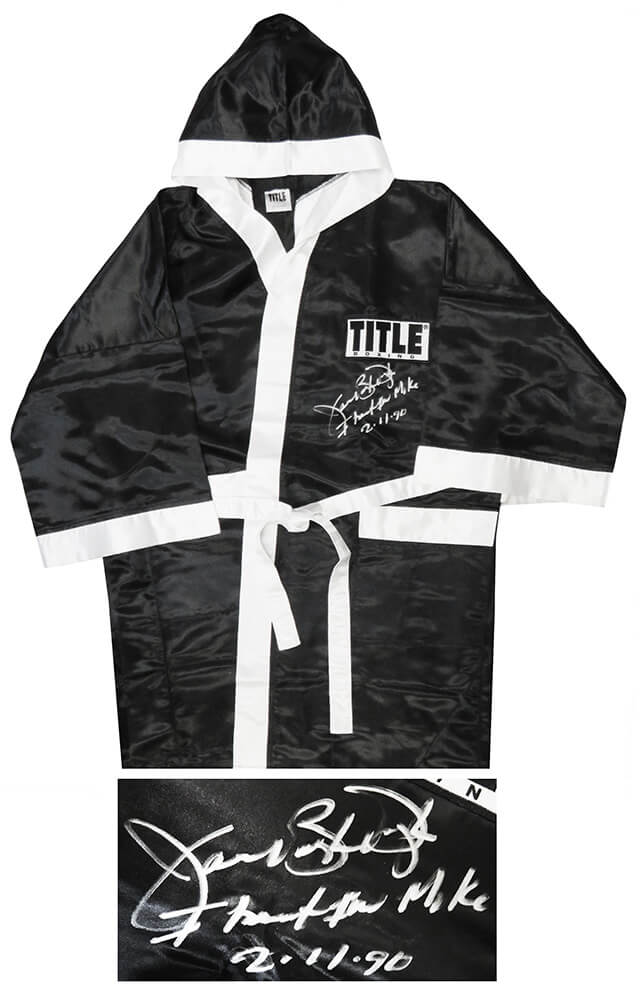James Buster Douglas Signed Title Black Boxing Robe w/I Beat Iron Mike 2-11-90 - DOUROB502 - James Buster Douglas Signed Title Black Boxing Robe w/I Beat Iron Mike 2-11-90 product image