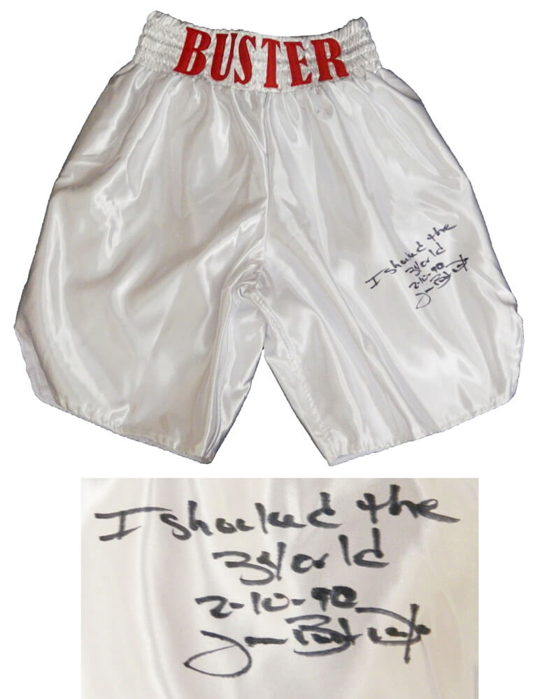 James Buster Douglas Signed White Boxing Trunks w/I Shocked The World 2-10-90 - DOUTRU500 - James Buster Douglas Signed White Boxing Trunks w/I Shocked The World 2-10-90 product image