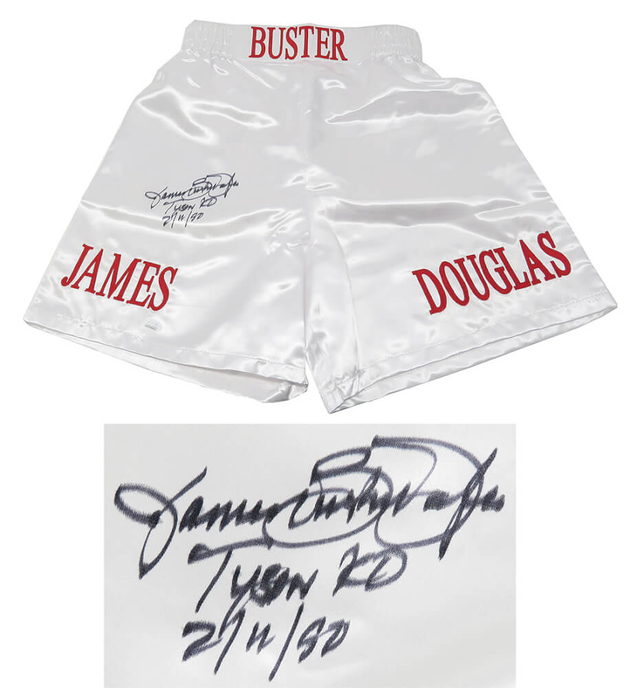 James Buster Douglas Signed White Boxing Trunks w/Tyson KO 2-11-90 (JSA) - DOUTRU503 - James Buster Douglas Signed White Boxing Trunks w/Tyson KO 2-11-90 (JSA) product image