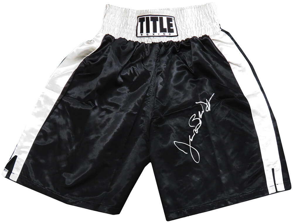 James Buster Douglas Signed Title Black & White Trim Boxing Trunks - DOUTRU505 - James Buster Douglas Signed Title Black & White Trim Boxing Trunks product image