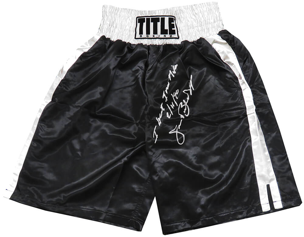 James Buster Douglas Signed Title Black & White Trim Boxing Trunks w/I Beat Iron Mike 2-11-90 - DOUTRU506 - James Buster Douglas Signed Title Black & White Trim Boxing Trunks w/I Beat Iron Mike 2-11-90 product image