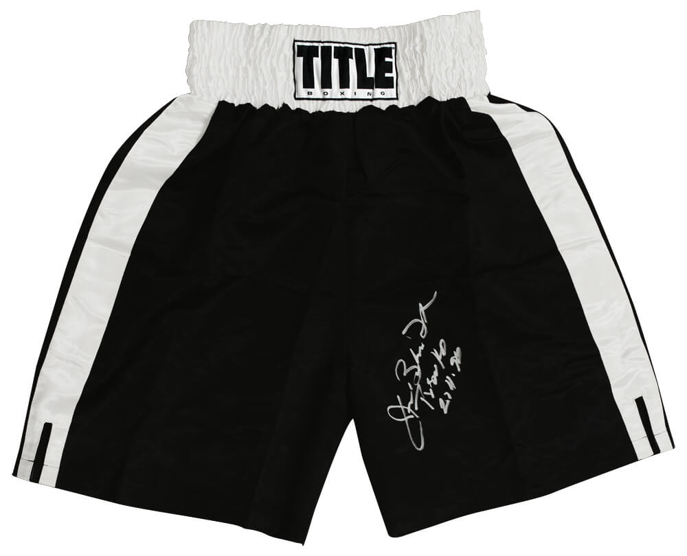 James Buster Douglas Signed Title Black & White Trim Boxing Trunks w/Tyson KO 2-11-90 - DOUTRU507 - James Buster Douglas Signed Title Black & White Trim Boxing Trunks w/Tyson KO 2-11-90 product image
