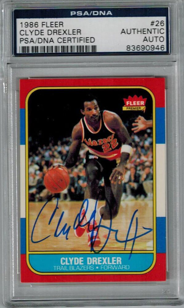 Clyde Drexler Signed Blazers 1986 Fleer Rookie Card #26 - PSA - DRECAR200 - Clyde Drexler Signed Blazers 1986 Fleer Rookie Card #26 - PSA product image