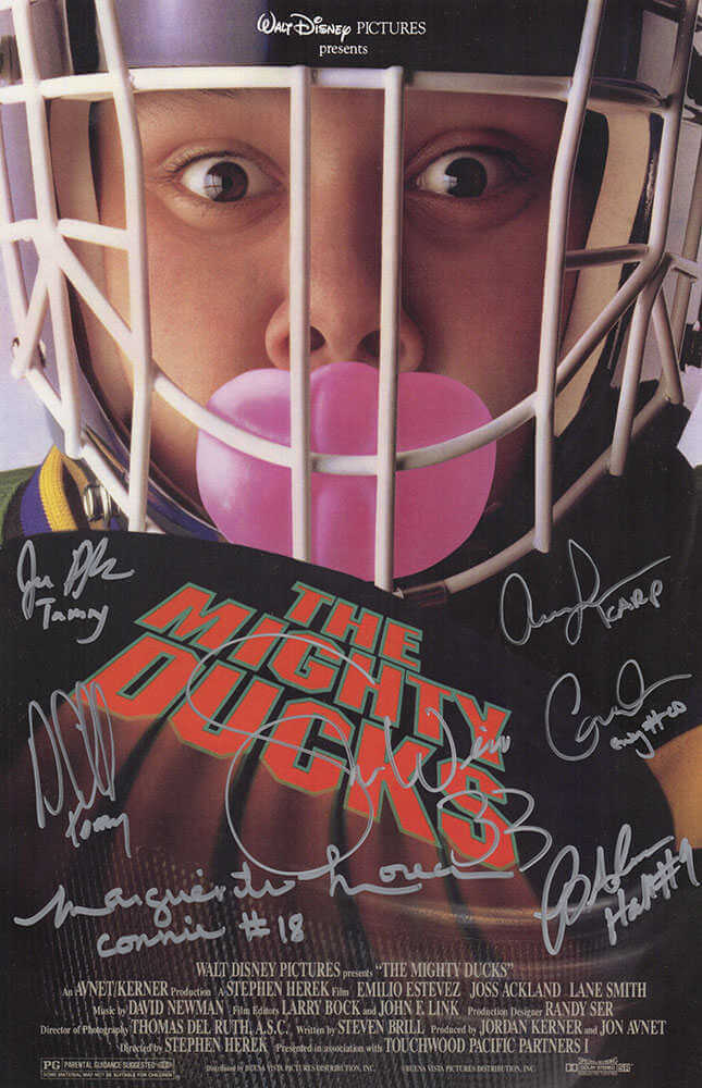 The Mighty Ducks Cast Signed 11x17 The Migty Ducks (Goldberg Image) Movie Poster (7 Signatures - w/Character Names) - DUCPST502 - The Mighty Ducks Cast Signed 11x17 The Migty Ducks (Goldberg Image) Movie Poster (7 Signatures - w/Character Names) product image