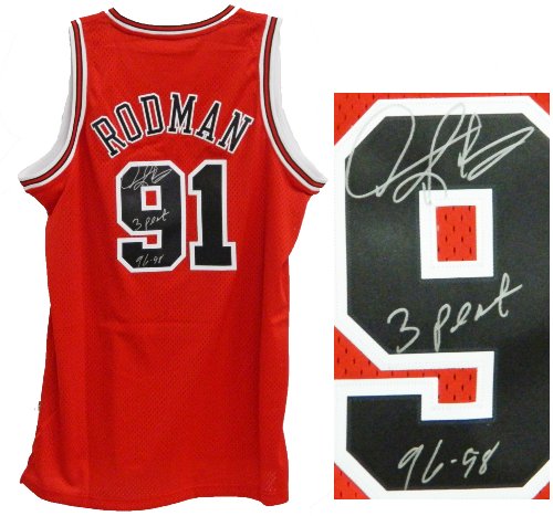 Dennis Rodman Signed Autographed Bulls Red Adidas Swingman Jersey w/3 Peat 96-98 - RODJRY204 - Dennis Rodman Signed Autographed Bulls Red Adidas Swingman Jersey w/3 Peat 96-98 product image