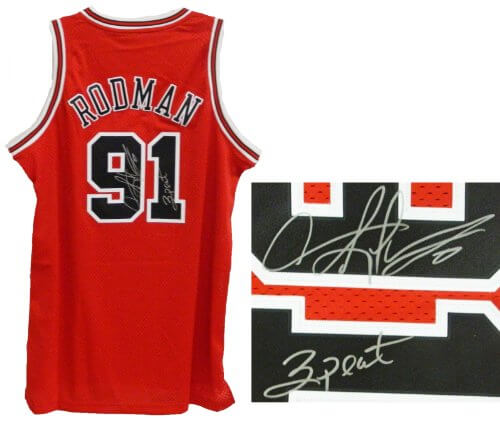 Dennis Rodman Signed Autographed Bulls Red Adidas Swingman Jersey w/3 Peat - RODJRY205 - Dennis Rodman Signed Autographed Bulls Red Adidas Swingman Jersey w/3 Peat product image