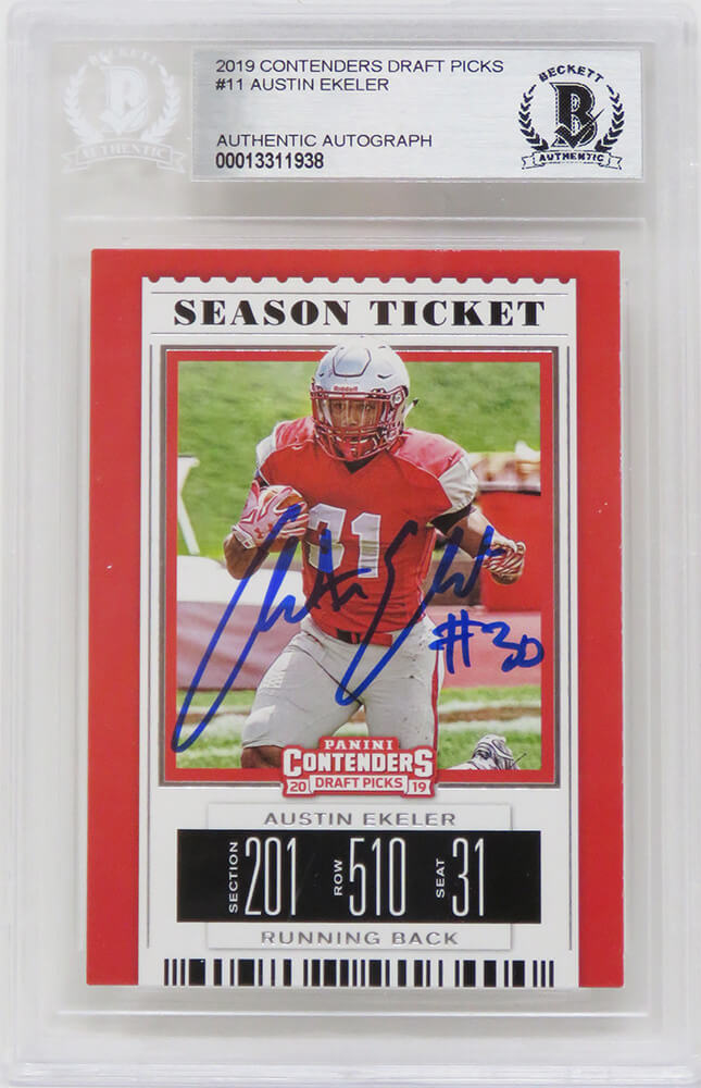 Austin Ekeler Signed Los Angeles Chargers 2019 Panini Contenders Draft Picks Rookie Card #11 - (Beckett Encapsulated) - EKECAR301 - Austin Ekeler Signed Los Angeles Chargers 2019 Panini Contenders Draft Picks Rookie Card #11 - (Beckett Encapsulated) product image