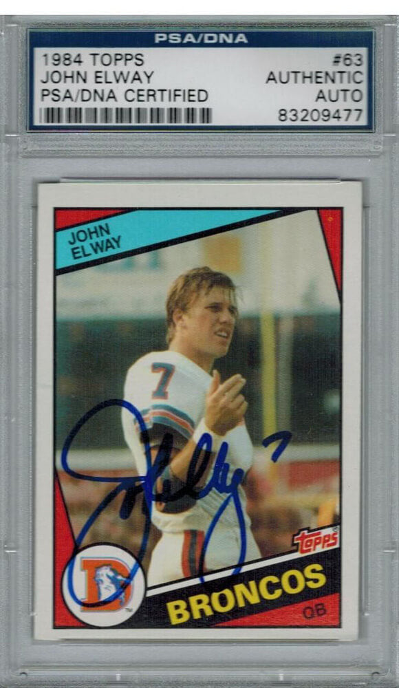 John Elway Signed Broncos 1984 Topps Rookie Card #63 PSA - ELWCAR300 - John Elway Signed Broncos 1984 Topps Rookie Card #63 PSA product image