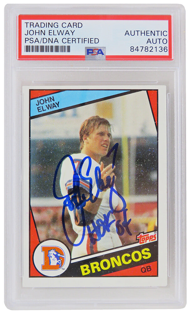 John Elway Signed Denver Broncos 1984 Topps Football Rookie Trading Card #63 w/HOF'04 (PSA Encapsulated) - ELWCAR304 - John Elway Signed Denver Broncos 1984 Topps Football Rookie Trading Card #63 w/HOF'04 (PSA Encapsulated) product image