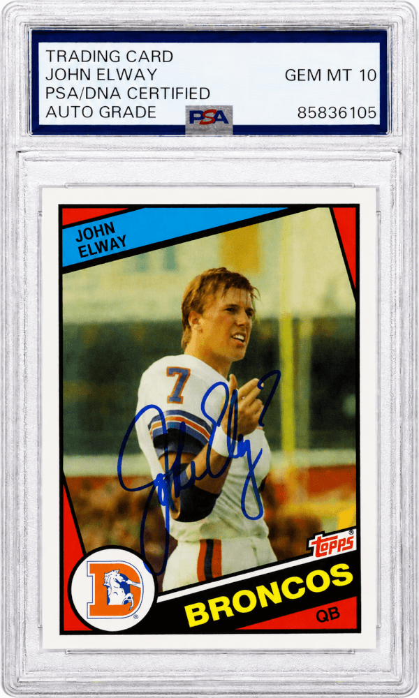 John Elway Signed Denver Broncos 2012 Topps Rookie Reprint Football Card #63 - (PSA Encapsulated - Auto Grade 10) - ELWCAR308 - John Elway Signed Denver Broncos 2012 Topps Rookie Reprint Football Card #63 - (PSA Encapsulated - Auto Grade 10) product image