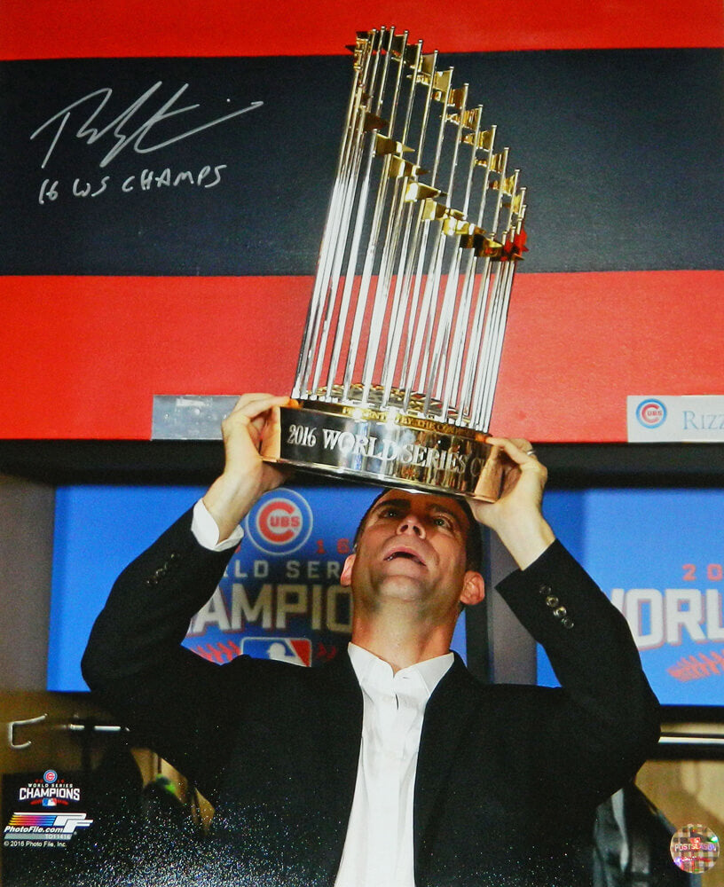 Theo Epstein Signed Chicago Cubs 2016 World Series Holding Trophy 16x20 Photo w/16 WS Champs - EPS16P100 - Theo Epstein Signed Chicago Cubs 2016 World Series Holding Trophy 16x20 Photo w/16 WS Champs product image
