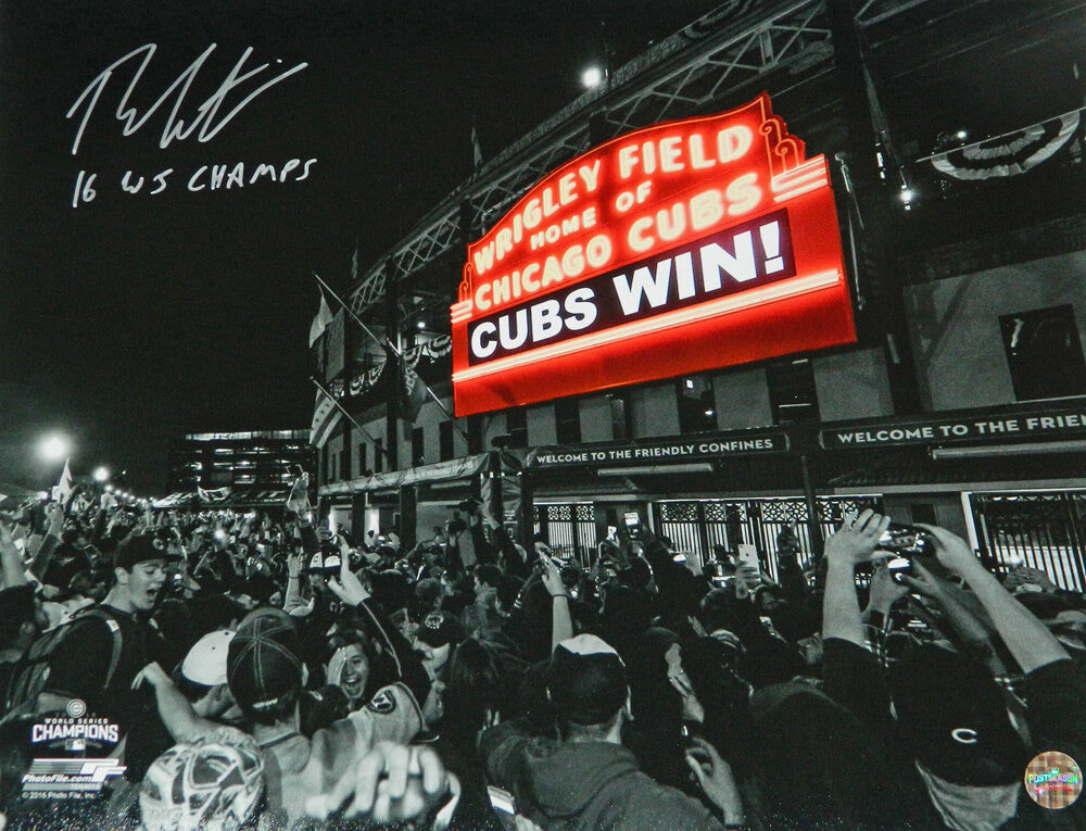 Theo Epstein Signed Chicago Cubs Wrigley Field Marquee 'Cubs Win' Spotlight 16x20 Photo w/16 WS Champs - EPS16P101 - Theo Epstein Signed Chicago Cubs Wrigley Field Marquee 'Cubs Win' Spotlight 16x20 Photo w/16 WS Champs product image