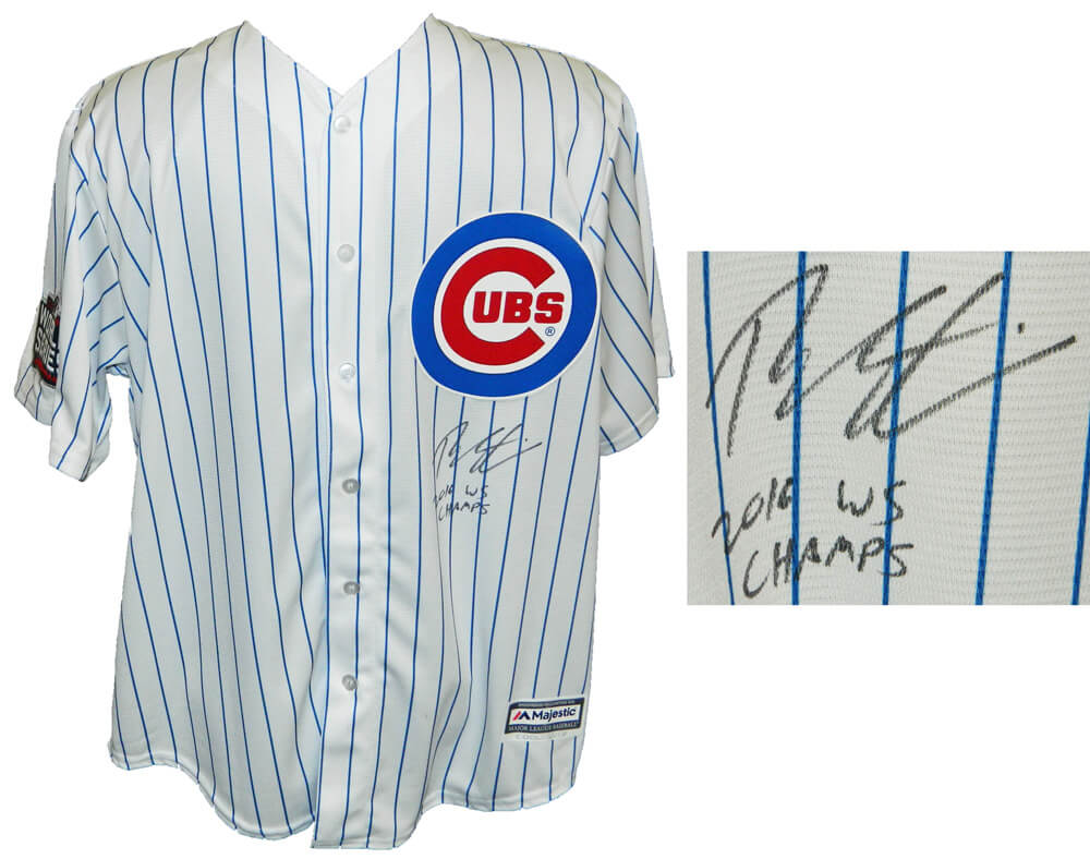 Theo Epstein Signed Chicago Cubs White Pinstripe 2016 World Series Patch Majestic Replica Jersey w/16 WS Champs - EPSJRY100 - Theo Epstein Signed Chicago Cubs White Pinstripe 2016 World Series Patch Majestic Replica Jersey w/16 WS Champs product image